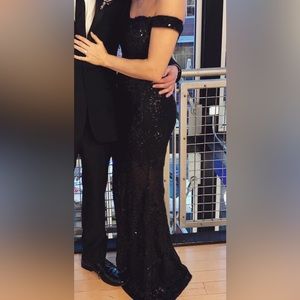 Black sequin floor length maxi gown off shoulder